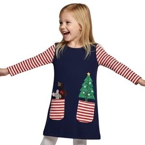 Kids Christmas Dress Long Sleeve Navy Blue Reindeer Tree Applique Size 120